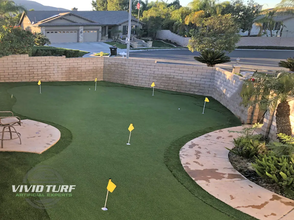 Backyard putting green with flags