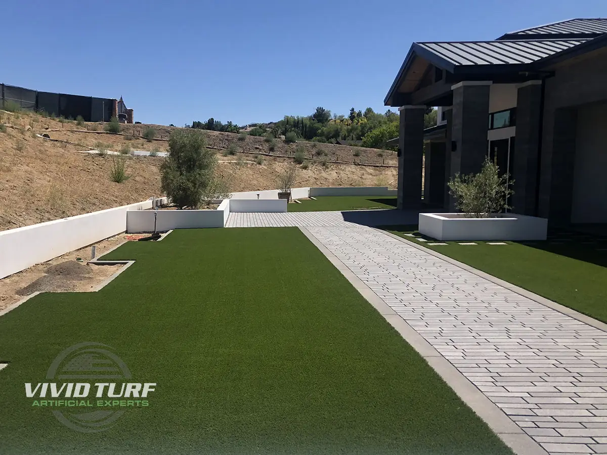Side yard lawn beside a paver walkway