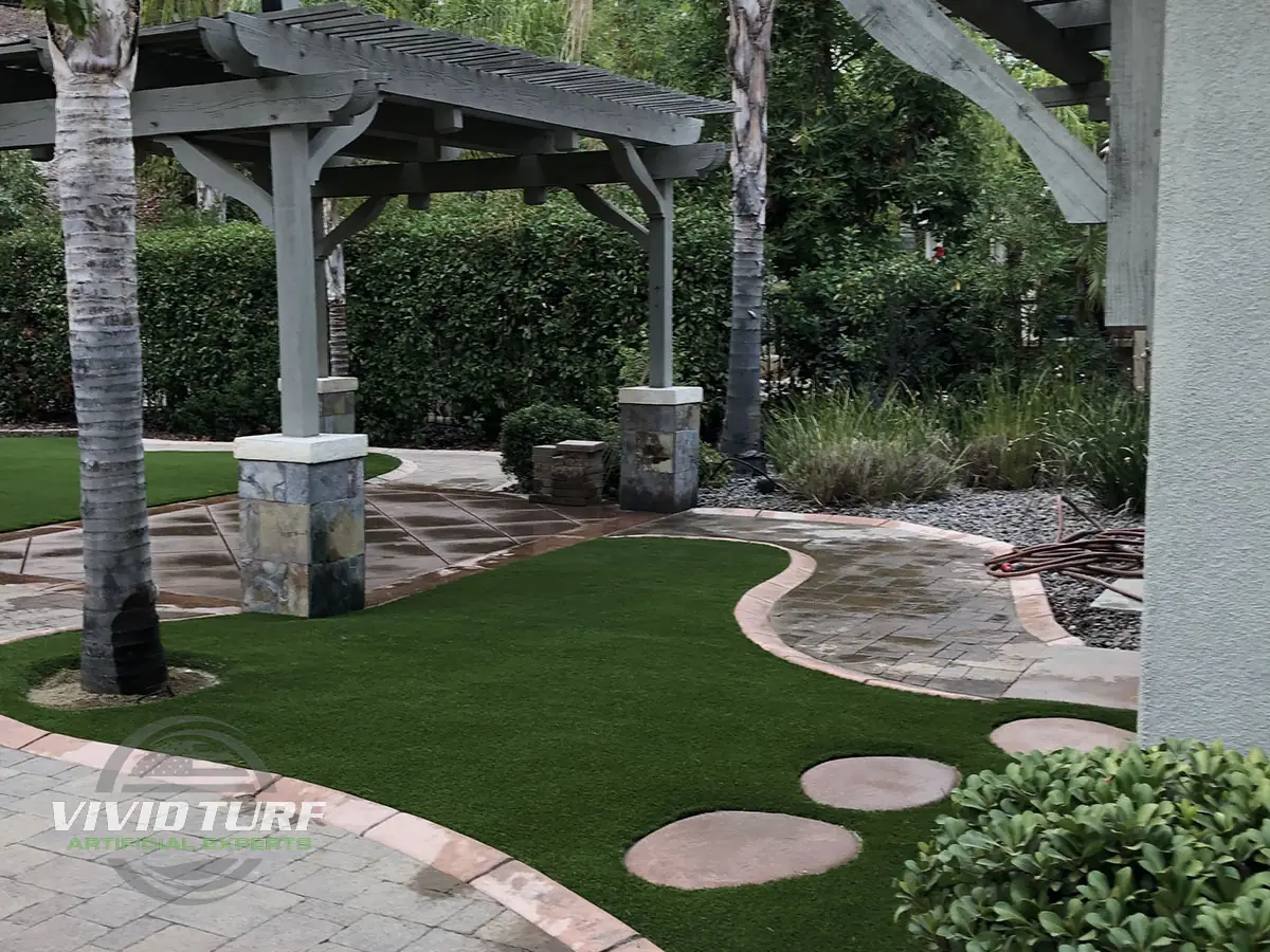 Backyard lawn with stepping stones
