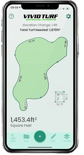 Moasure app showing a measured yard: 1,453 sq ft with 1.4 ft of elevation change