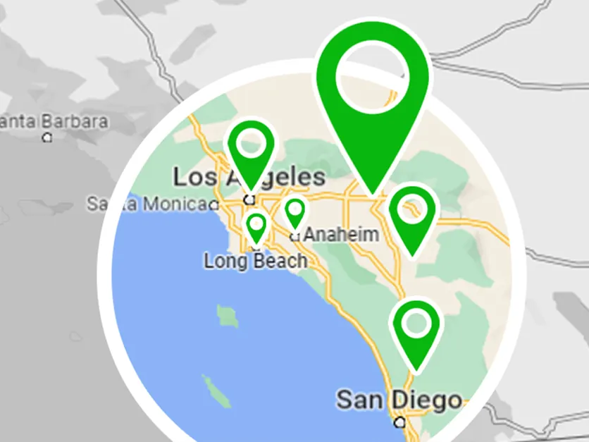 Map of Vivid Turf’s Southern California service area from Los Angeles to San Diego