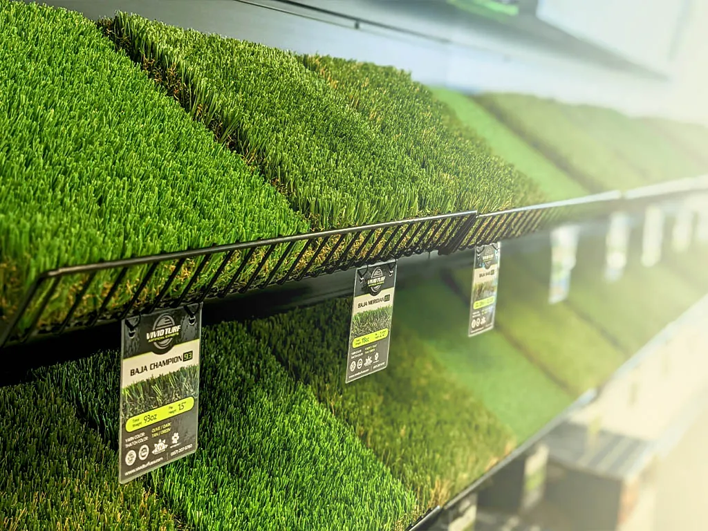 Turf samples on display at the Vivid Turf showroom in Huntington Beach