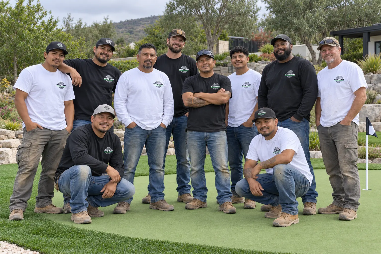 The Vivid Turf installation crew on a finished putting green